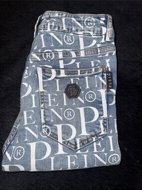 Philipp Plein Light Blue Skinny Jeans with White Logo Print